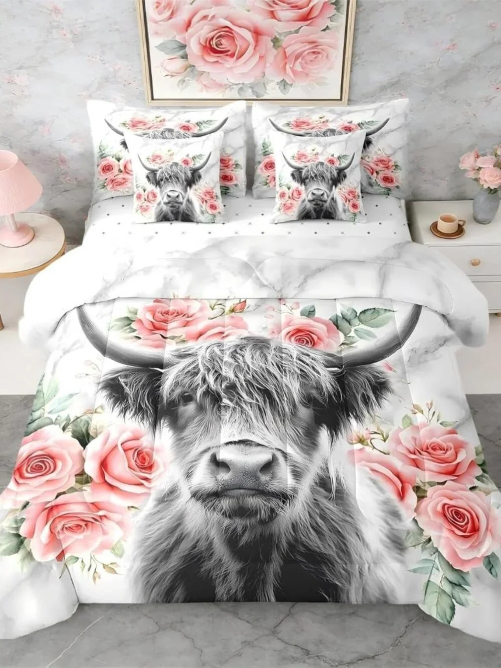Highland Cow Flower Full Comforter Set with Sheets 7 Piece Rose Grey Marble Bed
